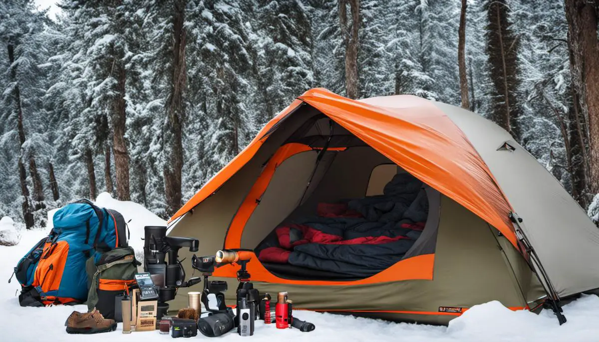 A collage of winter camping gear and gifts, including a telescope, Kindle, projector, wildlife spotting guide, solar charger, and hammock. Ultimate Winter Camping Gifts