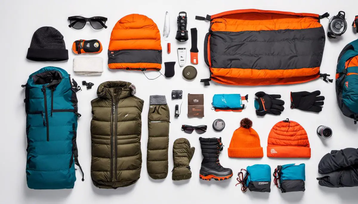 Winter camping gear laid out on a white background, including thermal layers, gloves, beanie, sunglasses, snow pants, waterproof boots, and thermal socks. Ultimate Winter Camping Gifts