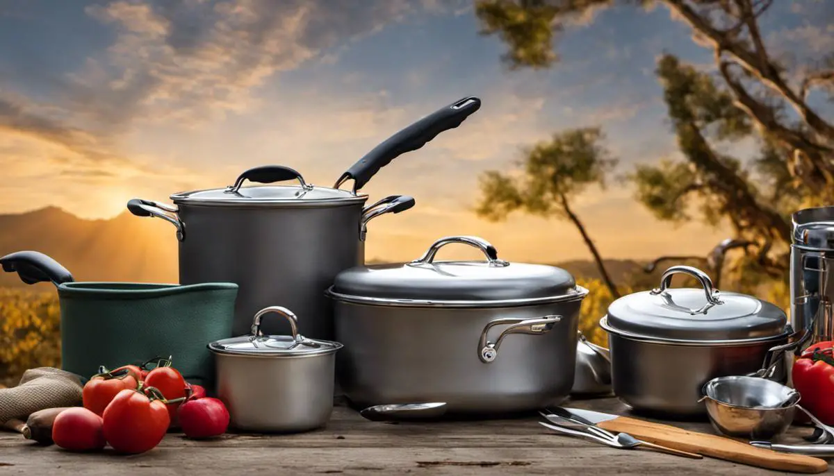 Image depicting a variety of camping kitchen items like pots, pans, and utensils camp kitchen setup