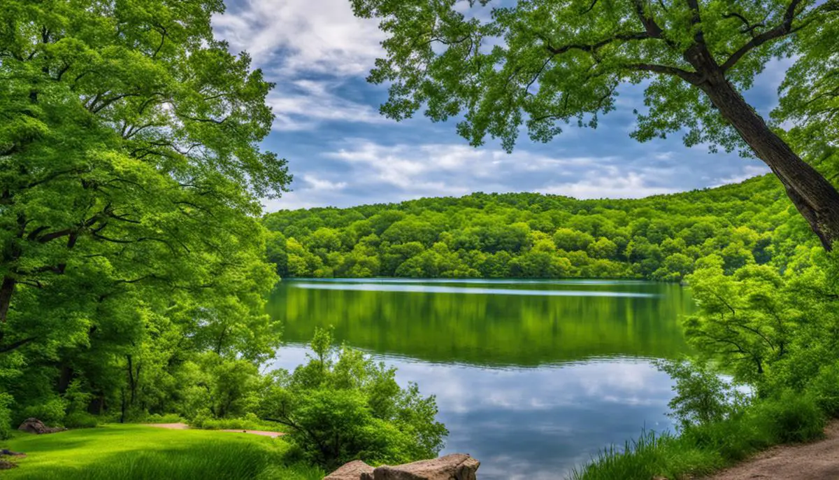 A serene lake at Thousand Hills State Park with lush green trees surrounding it. Family Campgrounds in Missouri