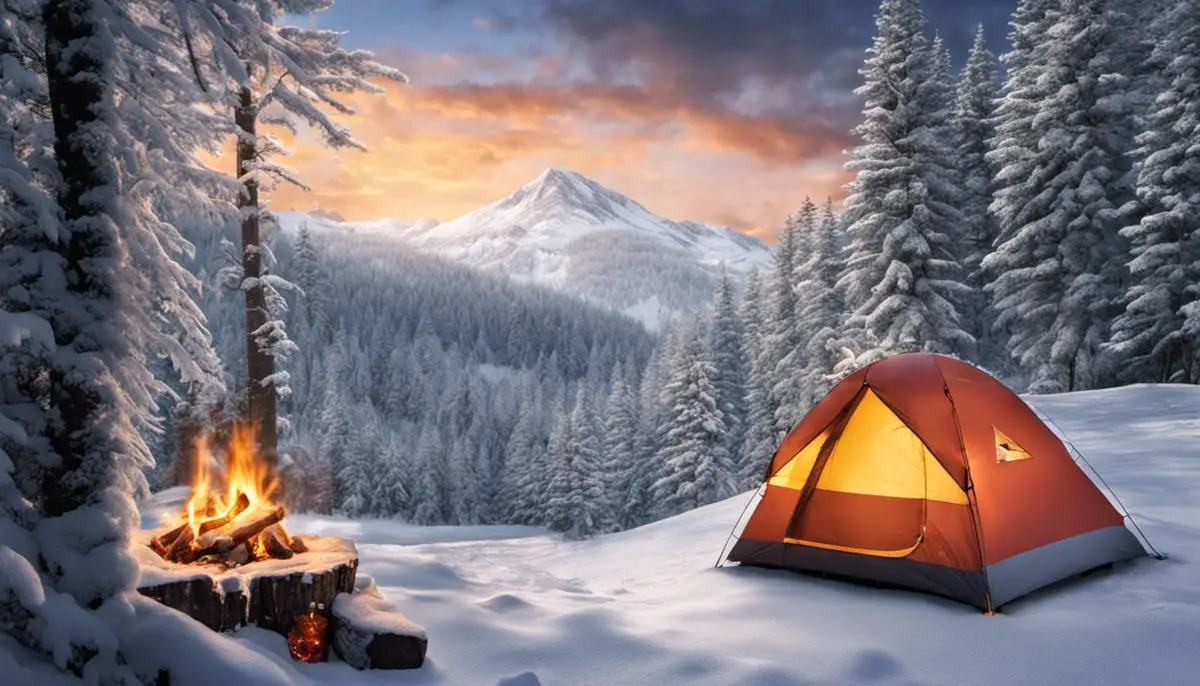 A camping trip in the woods during winter with snow-covered trees and a cozy tent, capturing the essence of an adventurous Christmas gift for nature enthusiasts. Surprise Camping Trip for Christmas: Unwrap Adventure