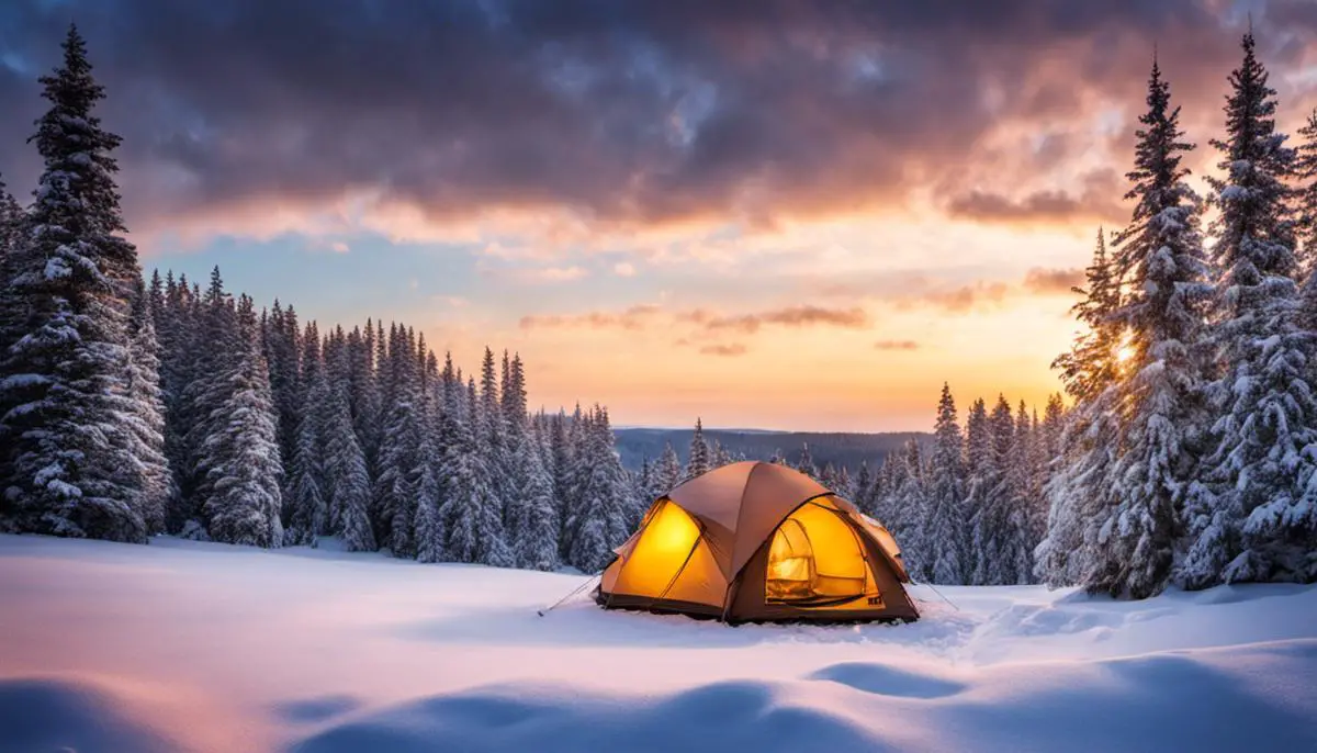 A beautiful winter landscape with a cozy tent in the foreground, showcasing the perfect Christmas camping spot, surrounded by snow-covered trees. Surprise Camping Trip for Christmas: Unwrap Adventure
