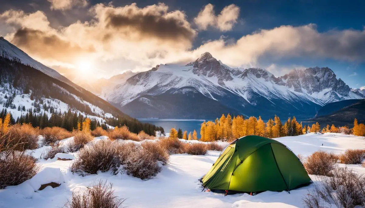 Image of a winter camping scene, with snow-covered mountains and a tent in the foreground Essential Winter Camping Gear