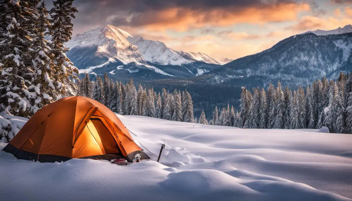 A winter camping scene with snow-covered trees, a tent, and mountains in the background Essential Winter Camping Gear