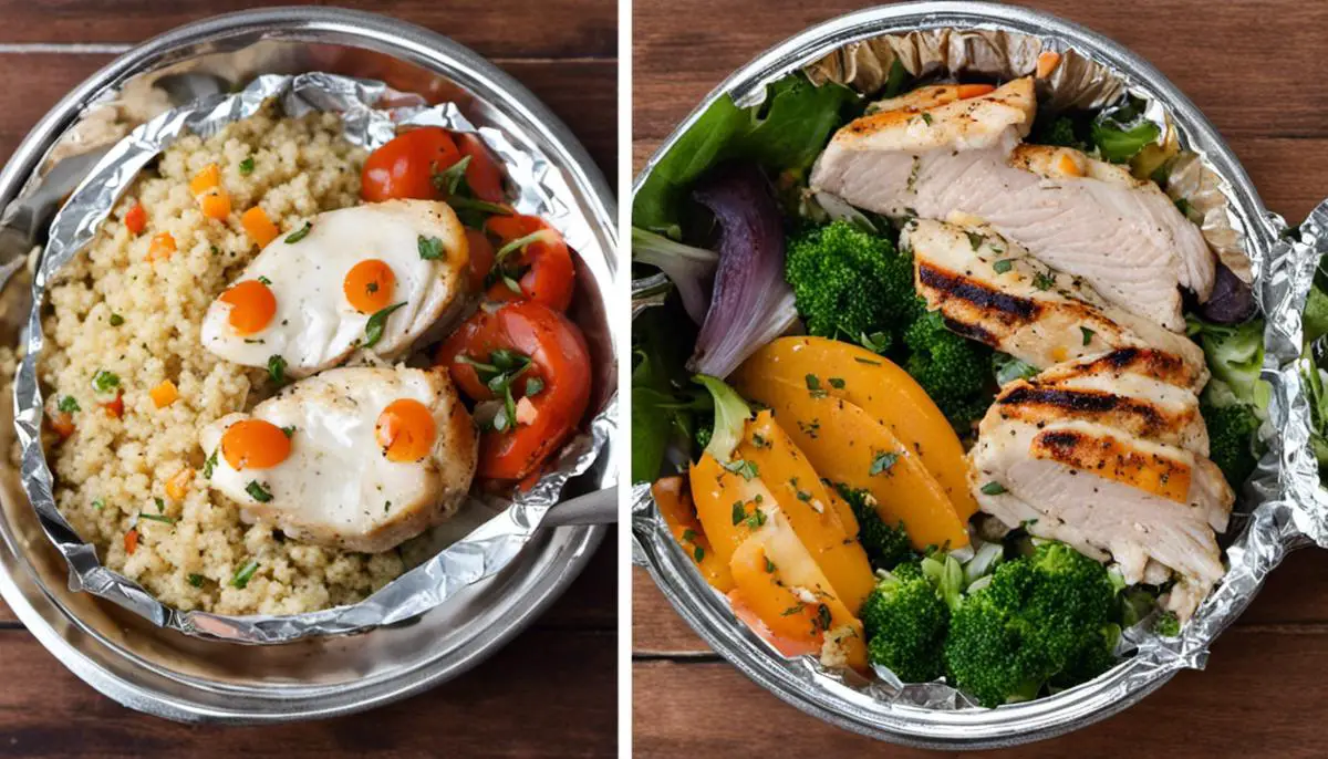 A camping meal consisting of a foil pack with grilled chicken, vegetables, and herbs, served with pre-made quinoa on the side. Make-Ahead Camping Meals: Easy Steps to Prepare
