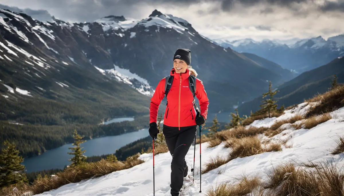 A visual guide to essential winter hiking apparel, showcasing different layers including a moisture-wicking base layer, an insulation middle layer, and a waterproof, breathable exterior shell. Winter Hiking Outfits