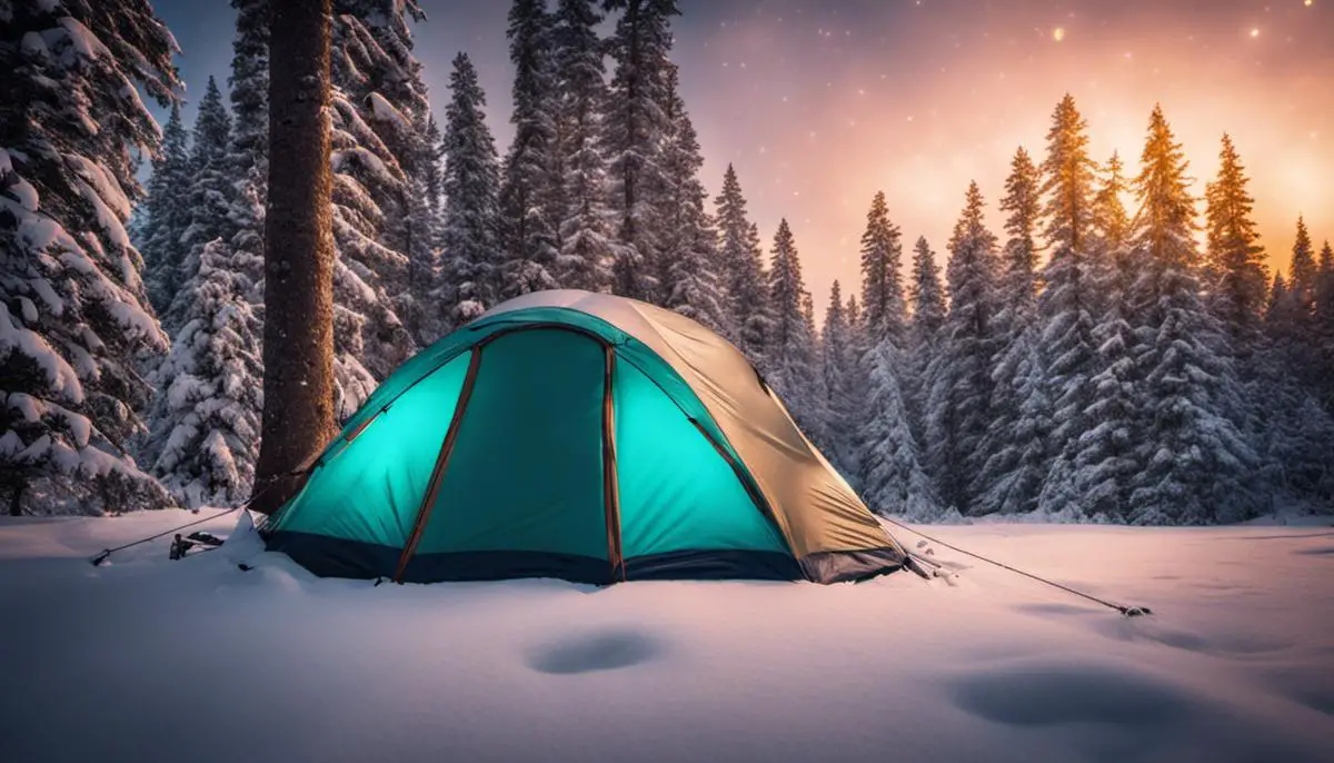 A camping tent in a snowy forest, decorated with Christmas lights, and surrounded by untouched wilderness Planning a Christmas Camping Trip