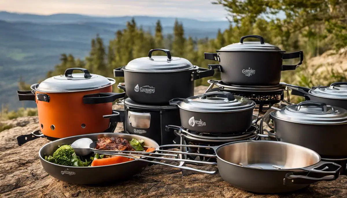 A versatile camping cooking set with various pots, pans, and utensils, enabling digital nomads to cook delicious meals while on the go. Ultimate Camp Cooking Set Guide for Nomadic Explorers
