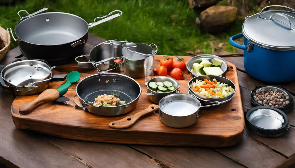 A photo of a camp cooking set with all its components neatly arranged on a picnic table. Ultimate Camp Cooking Set Guide for Nomadic Explorers
