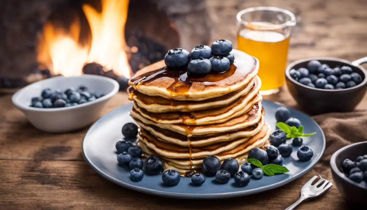 Image of delicious campfire pancakes served with syrup and blueberries camping breakfast ideas