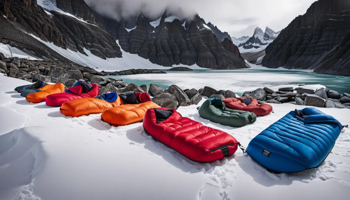 A collage of sleeping bags designed for extreme cold temperatures.