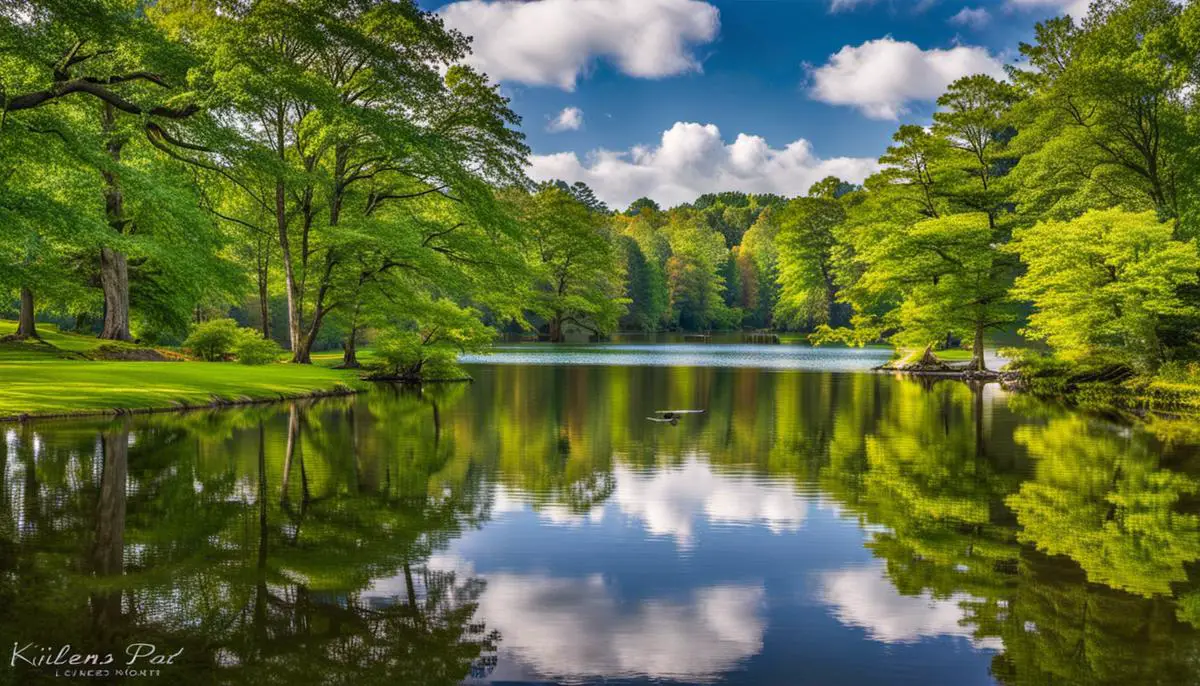 A serene image of Killens Pond State Park, showcasing the beautiful natural surroundings and the millpond. 