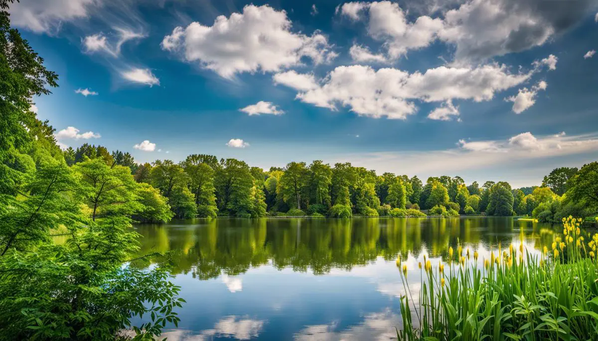 A serene image of Lums Pond State Park, with lush greenery surrounding a large freshwater pond, exemplifying the beauty of nature.