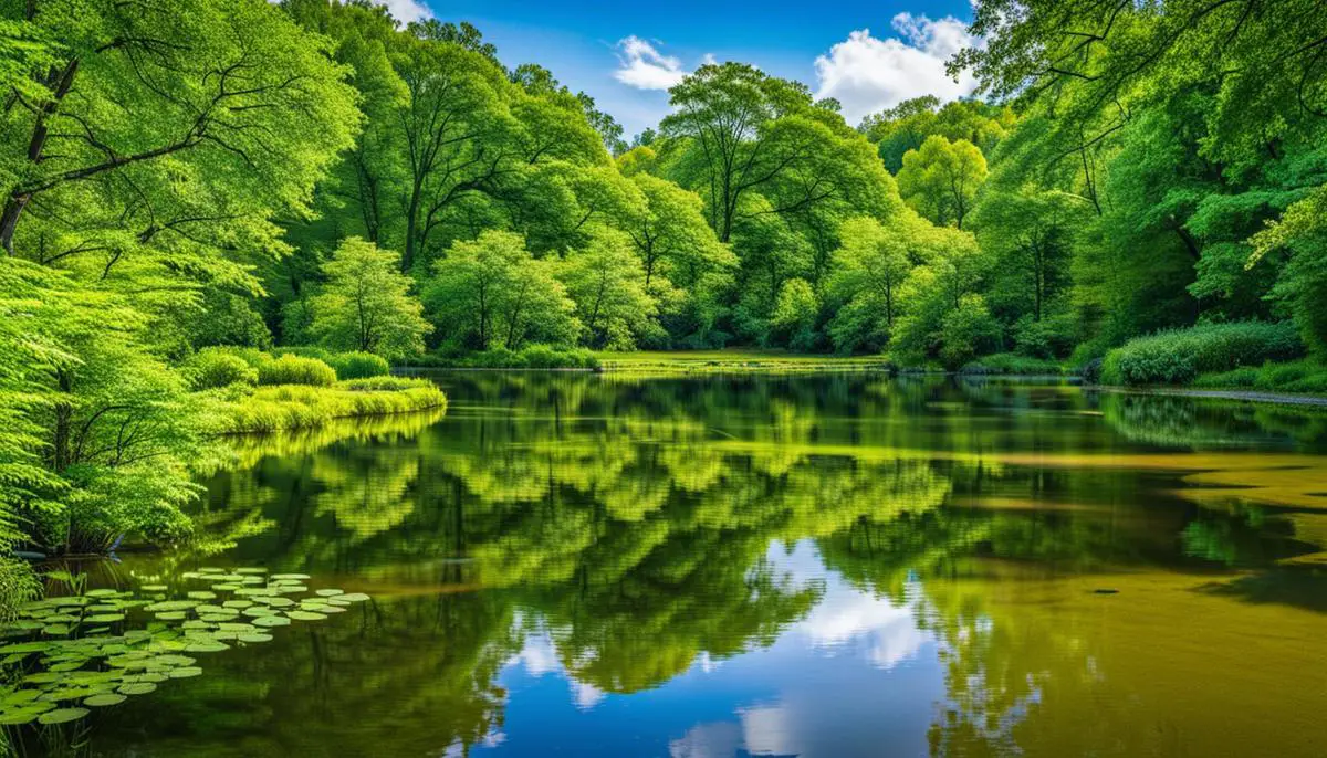 A serene pond surrounded by lush greenery, showcasing the beauty of Trap Pond State Park Family Campgrounds in Delaware