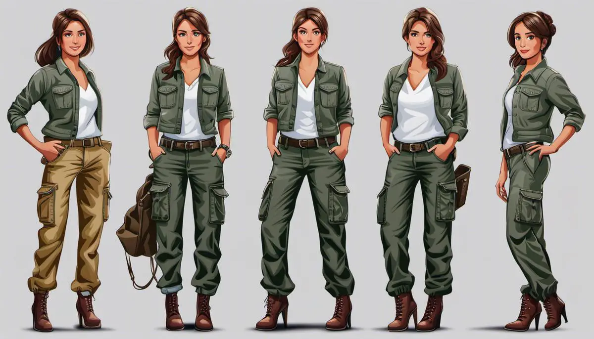 Illustration of a woman wearing top cargo pants for women in different scenarios, showcasing their versatility.