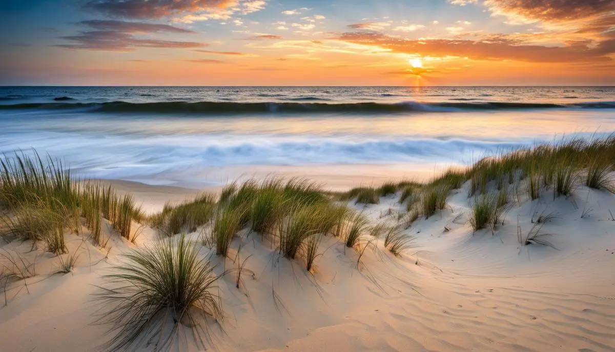 A serene beach at Cape Henlopen State Park with sandy dunes and crashing waves. Family Campgrounds in Delaware