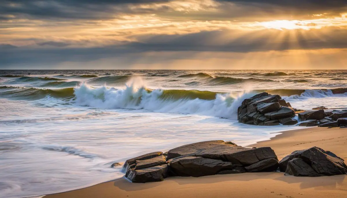 A beautiful view of the Delaware Seashore State Park with the ocean waves crashing onto the sandy beach Family Campgrounds in Delaware