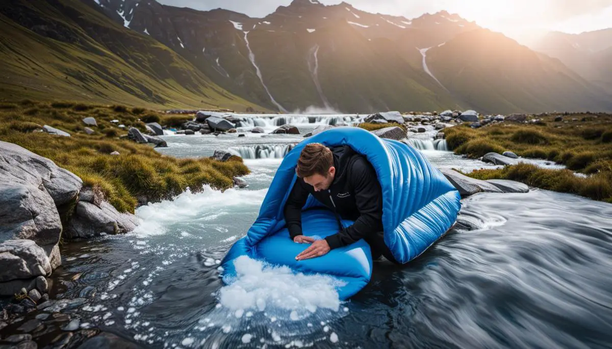 A person carefully washing a zero-degree sleeping bag with gentle soap and water, showing the proper maintenance process for optimal performance.