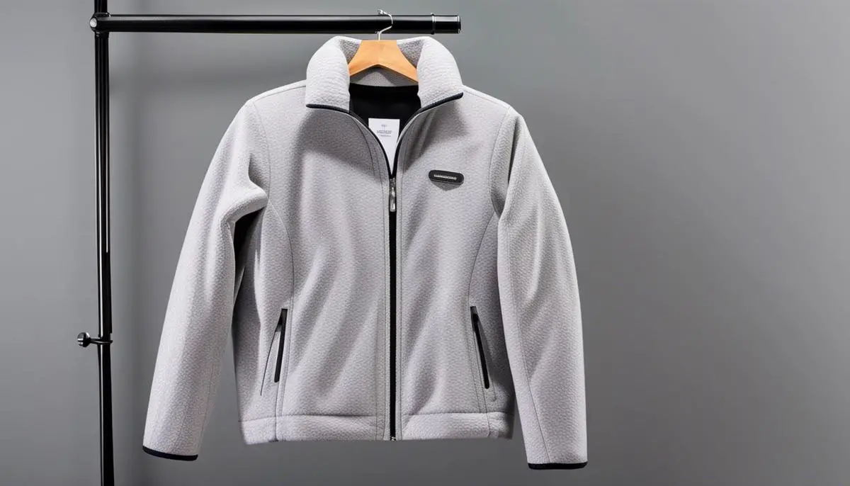 A gray fleece jacket hanging on a hanger. top-rated fleece jackets