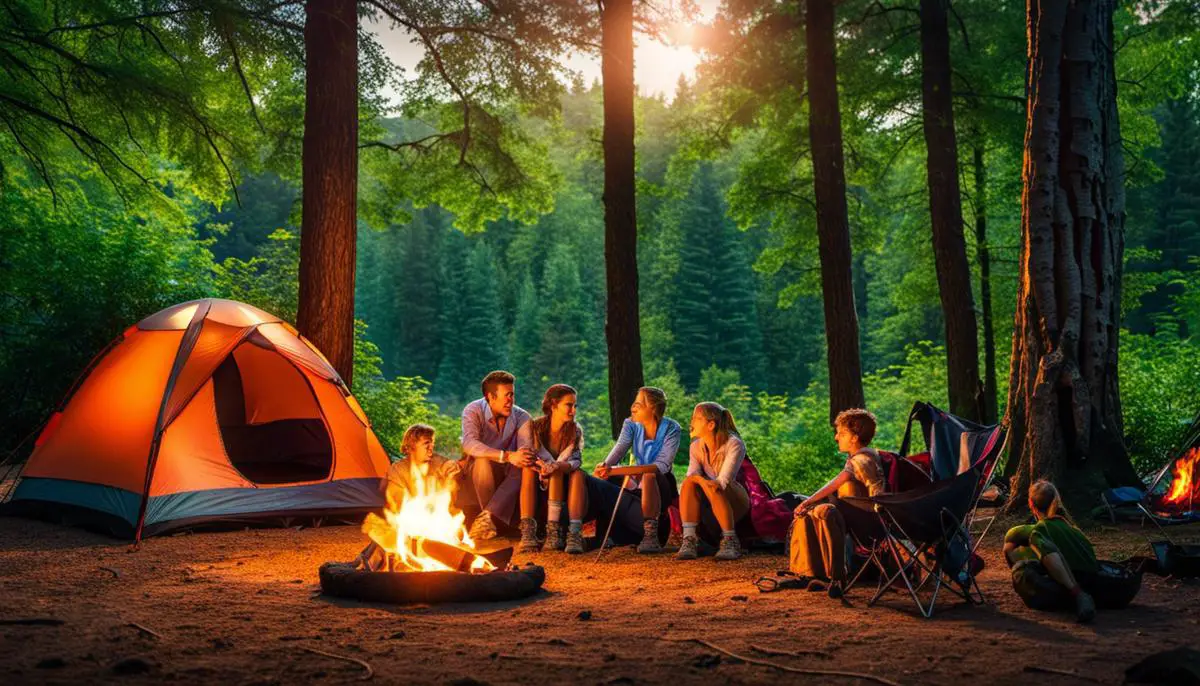 Image of a family camping in the forest with lush green trees, tents, and a campfire.