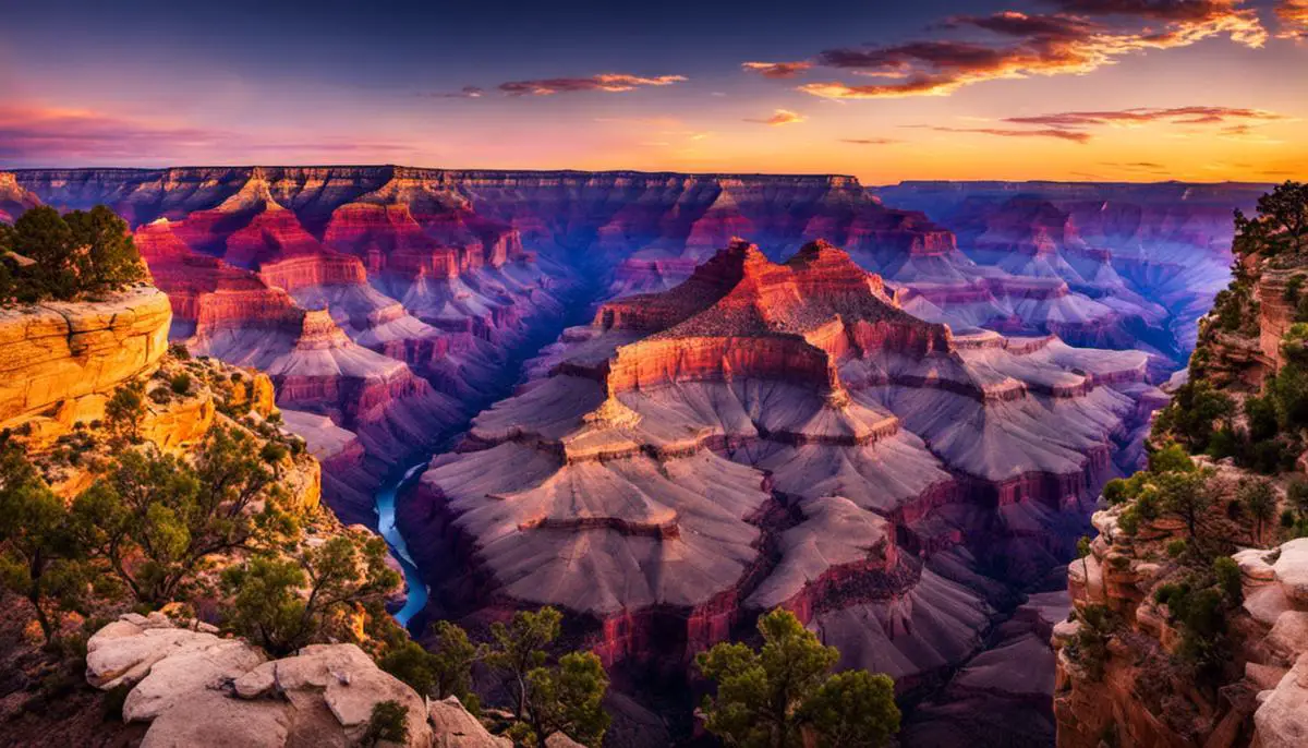 A breathtaking view of the Grand Canyon at sunset, showcasing its vibrant hues and monumental scale ultimate camping destinations in the USA