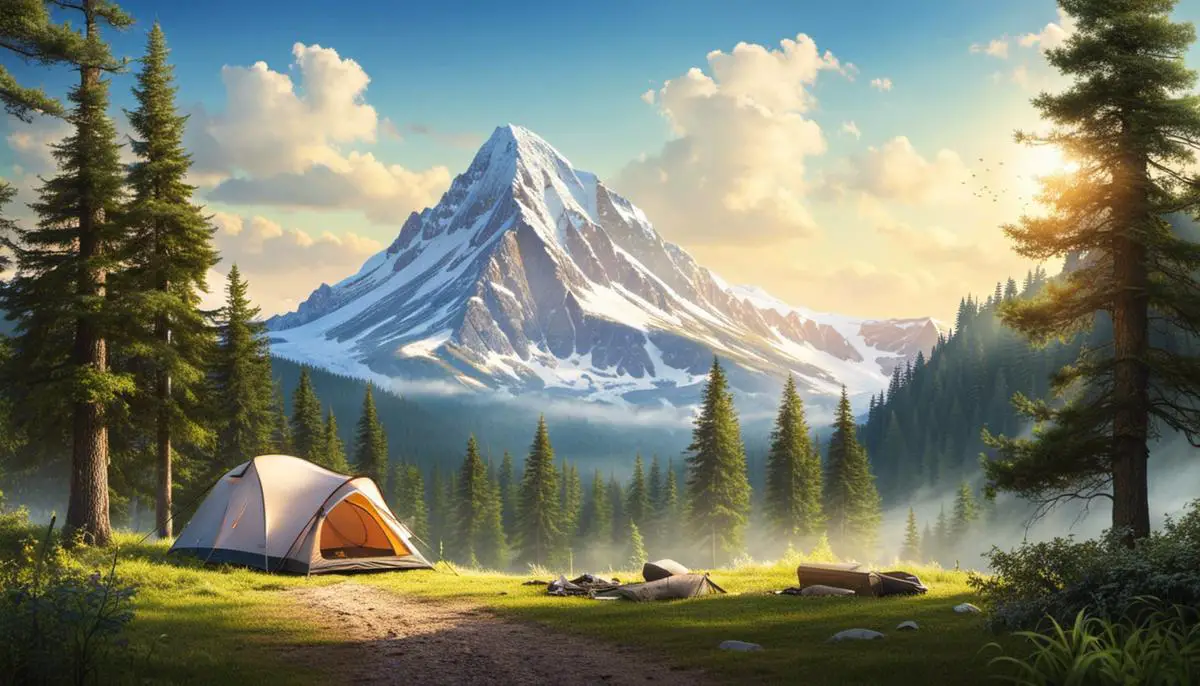 A serene mountain campsite surrounded by lush green trees and a clear blue sky