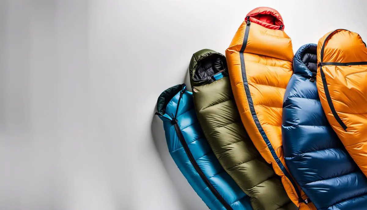Image of four sleeping bags in different colors and designs arranged neatly on a white background.