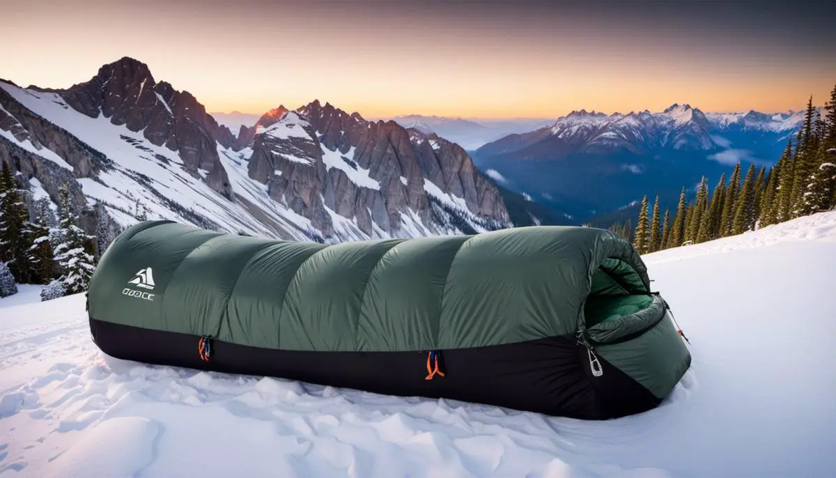 A zero degree sleeping bag displayed in a snowy mountain setting