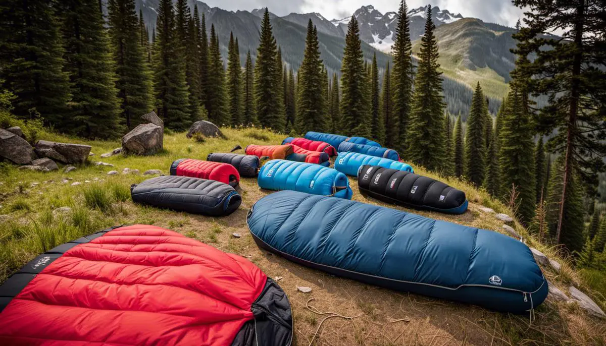 A group of zero-degree sleeping bags lined up, ready for outdoor adventures.